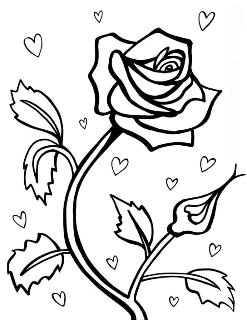 Desenho de Rosa e Corações para Pintar de Graça