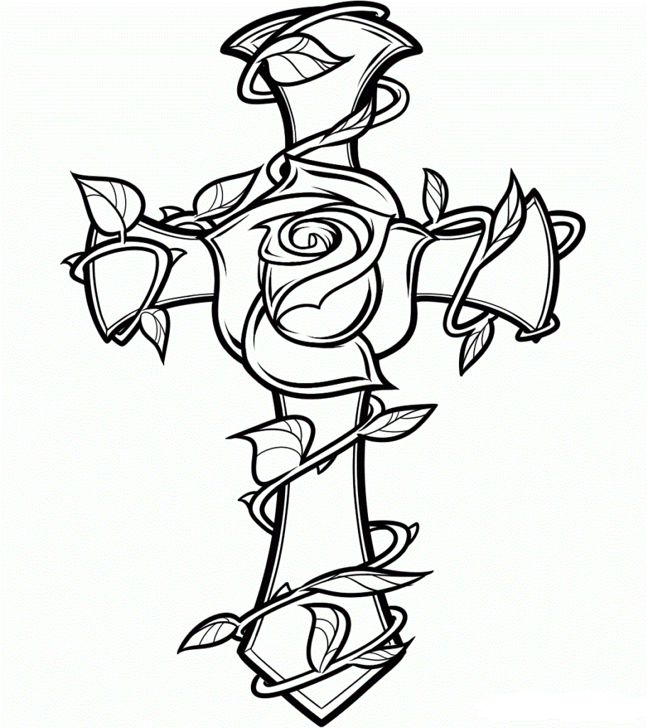Desenho de Rosa e Cruz para Colorir