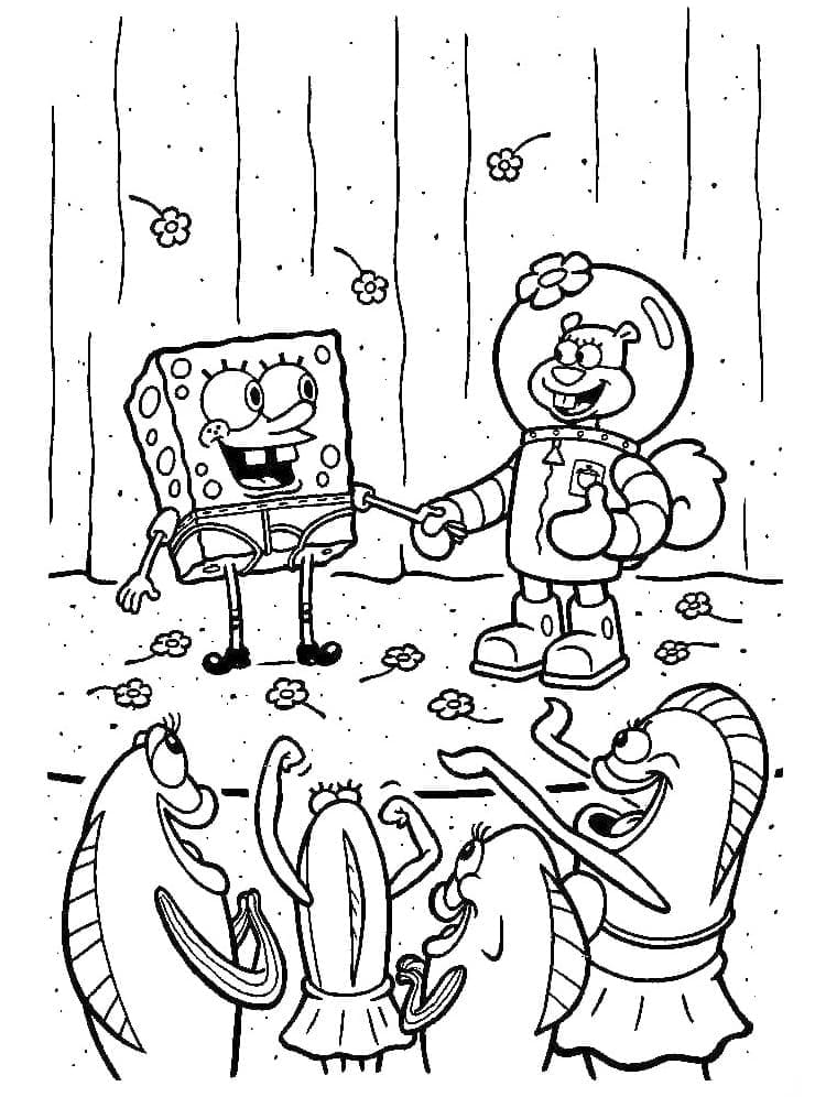 Desenho de Sandy Bochechas com Bob Esponja para Colorir
