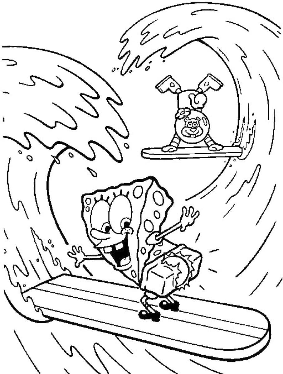 Desenho de Sandy Bochechas e Bob Esponja Surfando para Colorir
