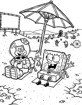 Desenho de Sandy e Bob Esponja na Praia para Colorir