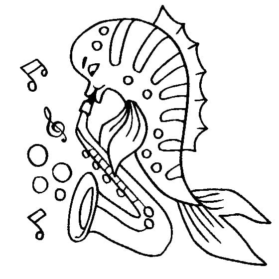 Desenho Peixe Tocando Saxofone para Colorir