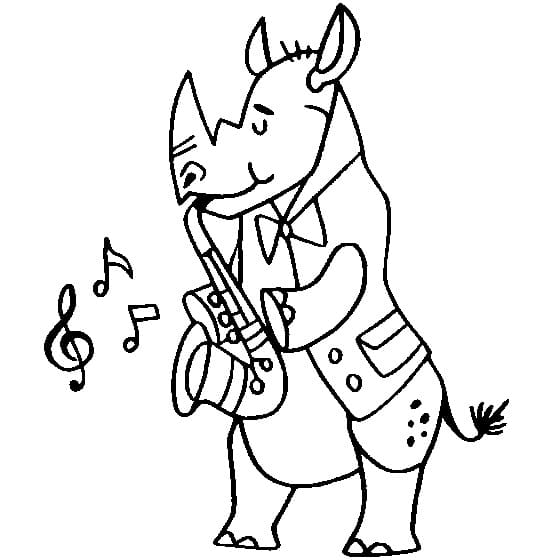 Desenho Rinoceronte Tocando Saxofone para Colorir