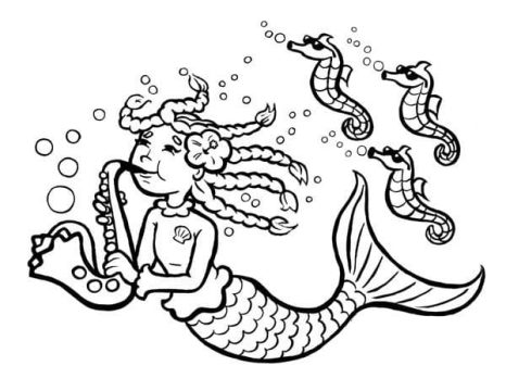 Desenho Sereia Tocando Saxofone para Colorir