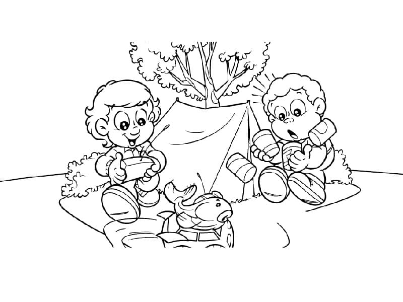 Desenho de Senninha Assando Marshmallow em Acampamento para Colorir