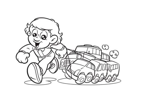 Desenho de Senninha puxá Carrinhos Amarrados por Barbante para Colorir