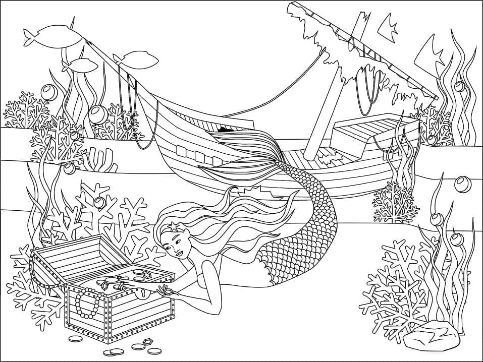 Desenho de Sereia e Baú de Tesouro para Colorir