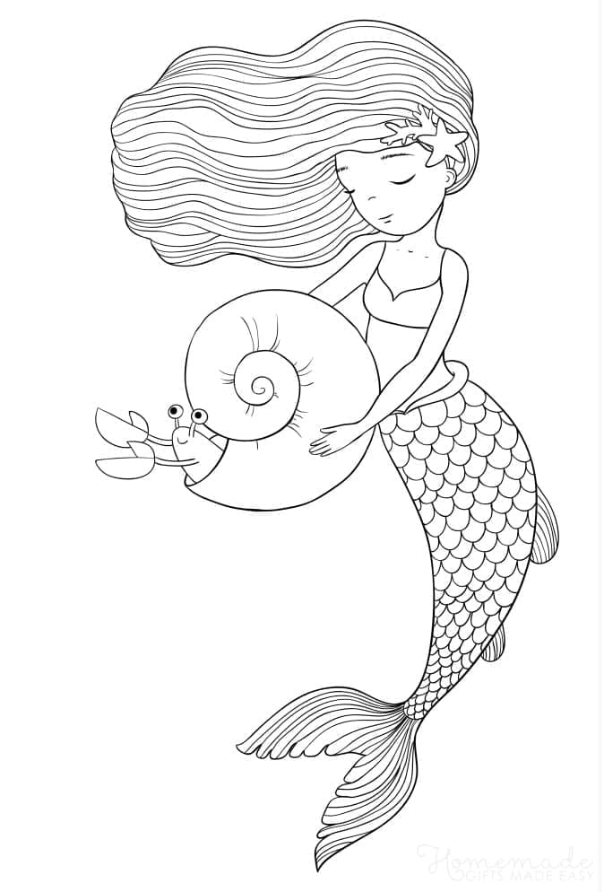 Desenho de Sereia e Caranguejo Eremita para Colorir