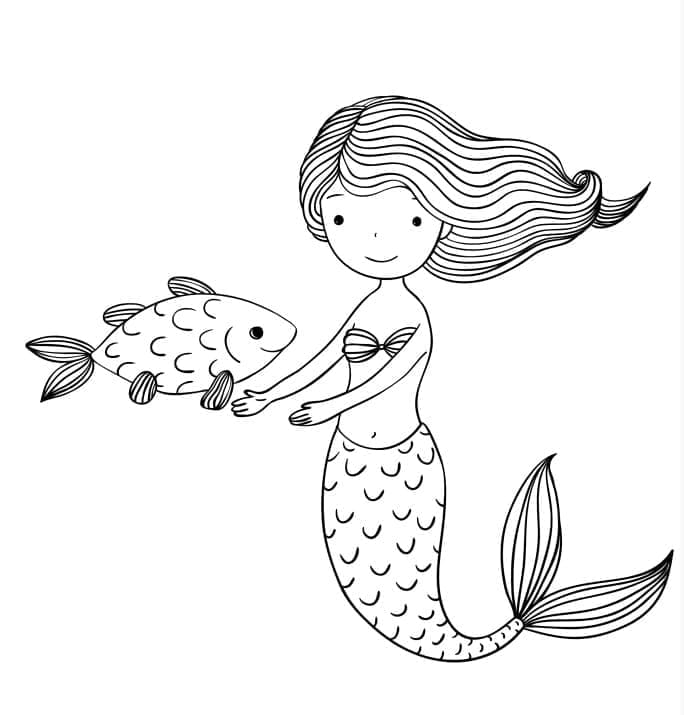 Desenho de Sereia e Peixe para Colorir