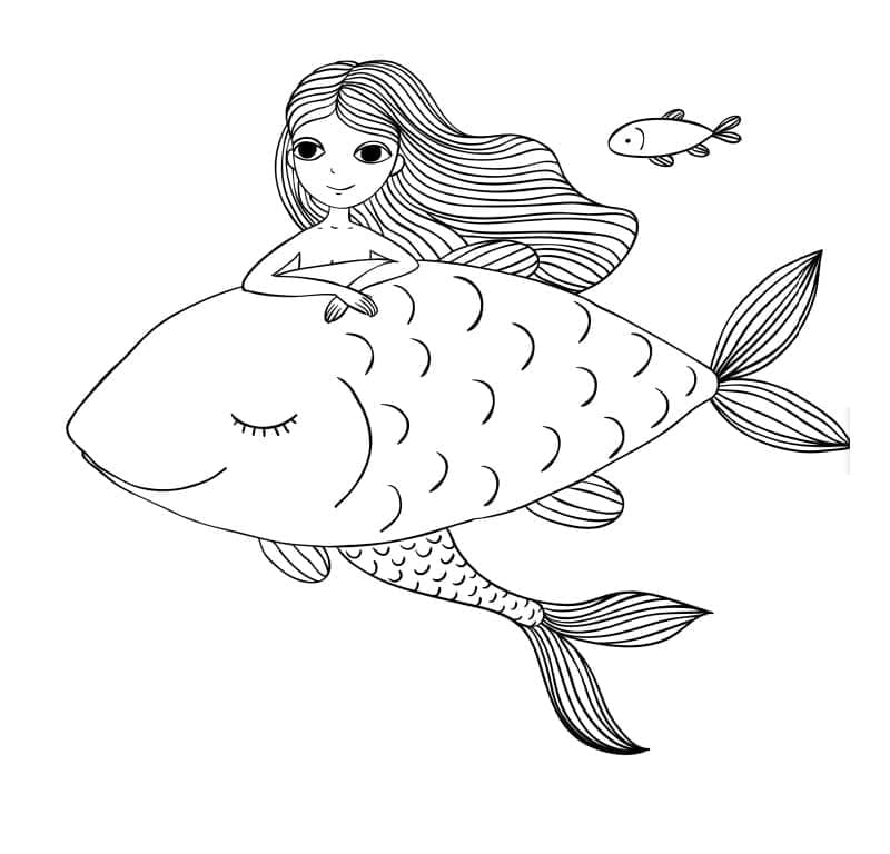 Desenho de Sereia e Peixes para Colorir