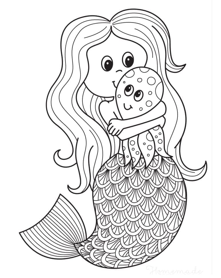 Desenho de Sereia e Polvo para Colorir