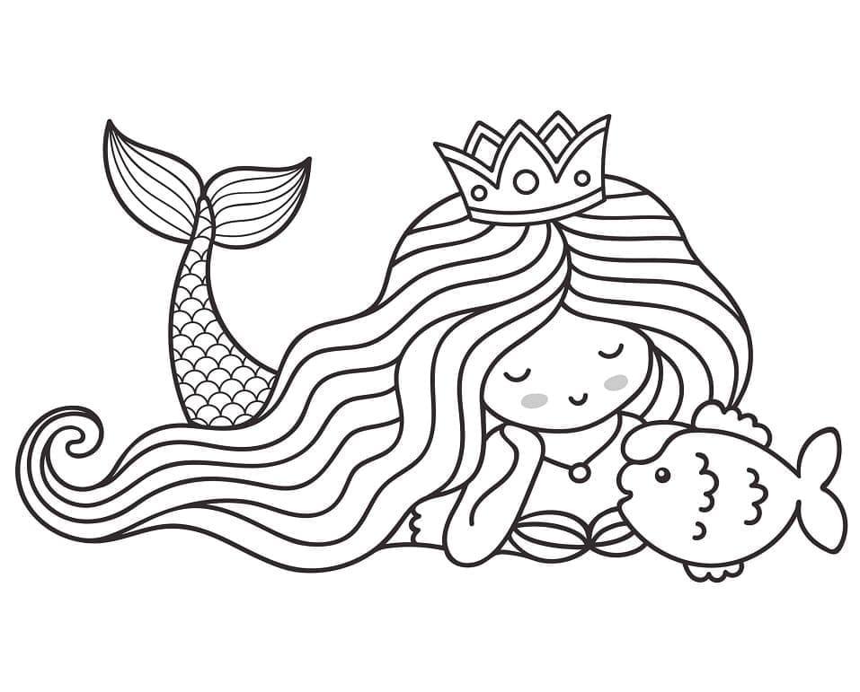Desenho de Sereia e um Peixe para Colorir