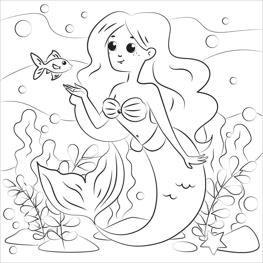 Desenho de uma Sereia Feliz para Colorir