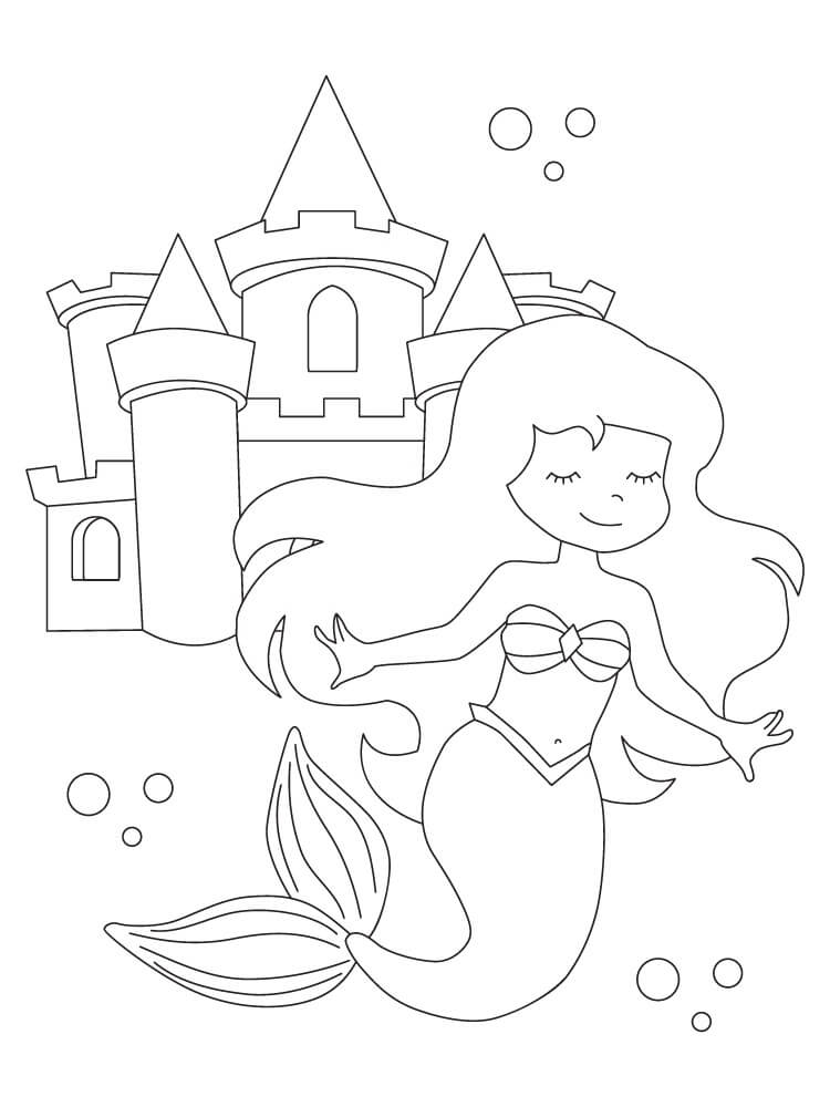 Desenho de Sereia em Frente a Castelo no Fundo do Mar para Colorir