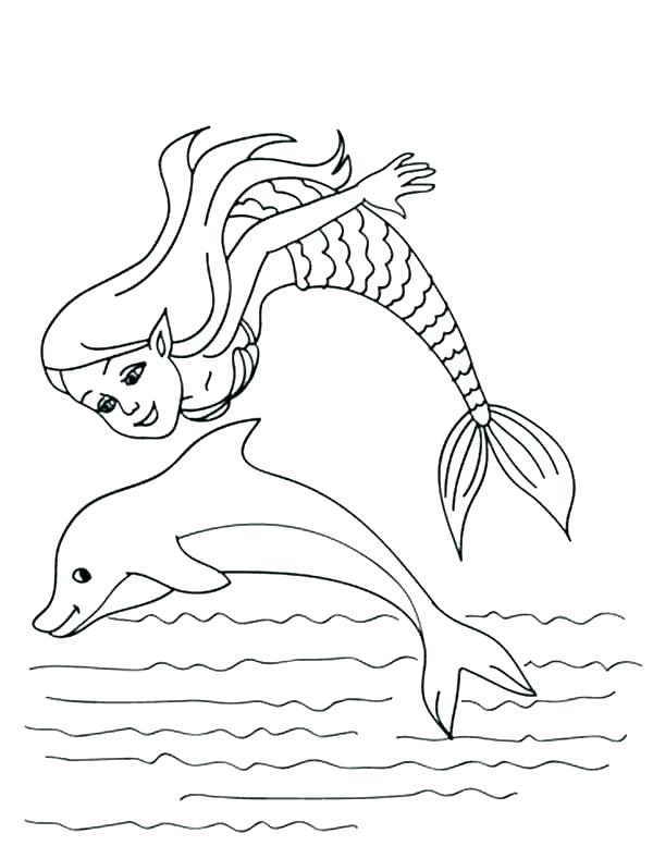 Desenho de Sereia Nadando com Golfinho para Colorir