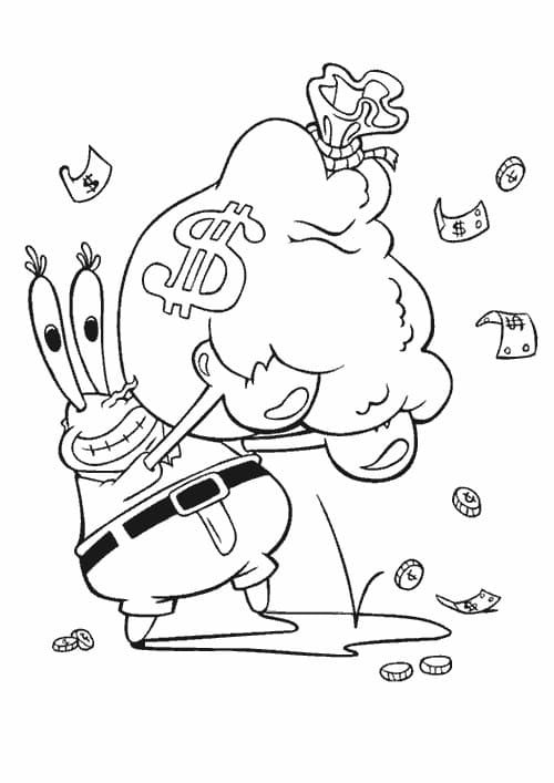 Desenho de Seu Sirigueijo Segurando Muito Dinheiro para Colorir