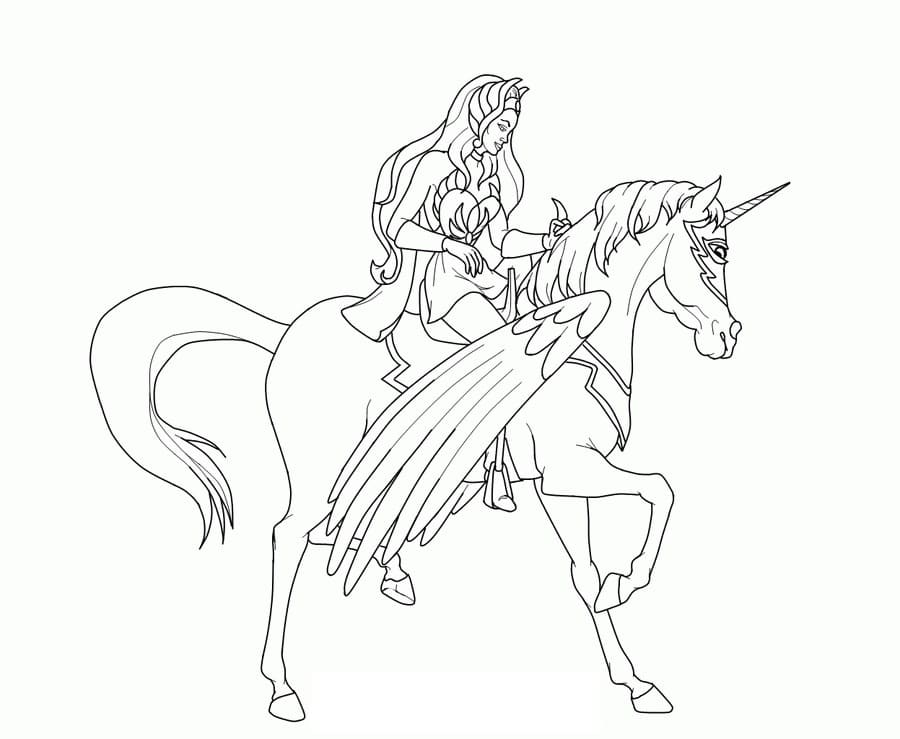 Desenho de She-Ra Passeando com Seu Cavalo Ventania para Colorir