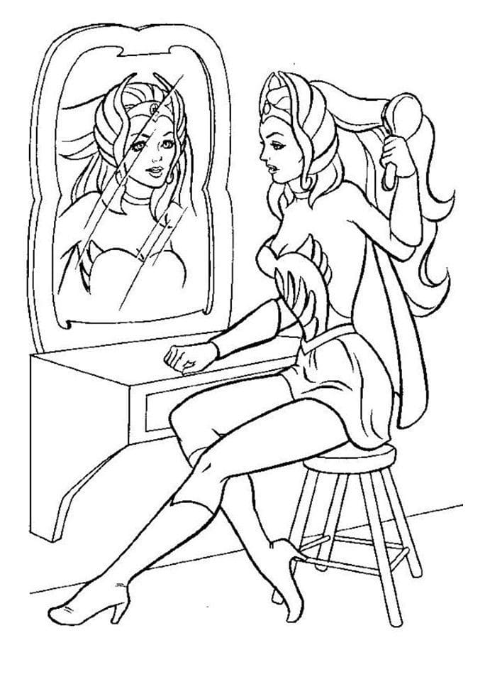 Desenho She-Ra Penteando Cabelo de Frente ao Espelho para Colorir