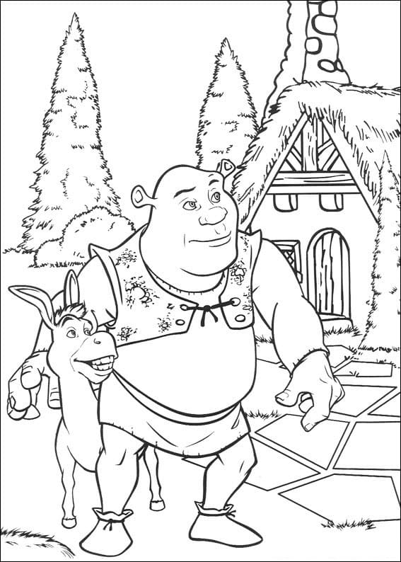 Desenho de Shrek e Burro para Colorir com Tinta Guache