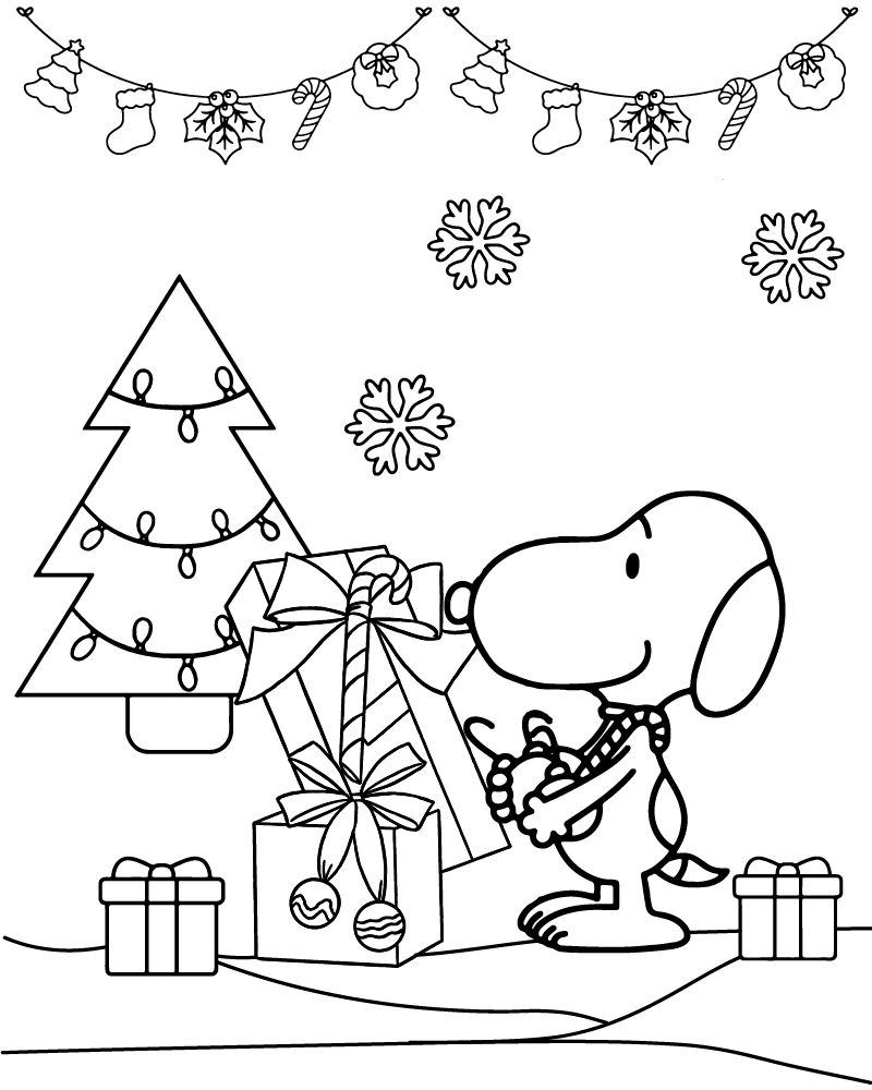 Desenho Snoopy Abrindo Presentes de Natal para Colorir