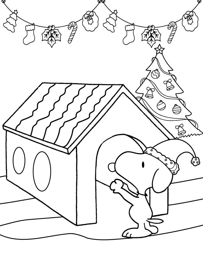 Desenho Snoopy Casa de Chachorro de Natal para Colorir