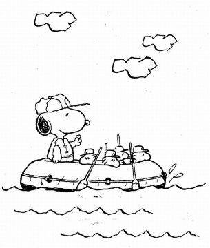 Desenho de Snoopy em Bote no Mar para Pintar com Tinta Guache