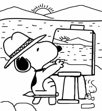Desenho de Snoopy Pintor de Paisagem para Colorir e Pintar