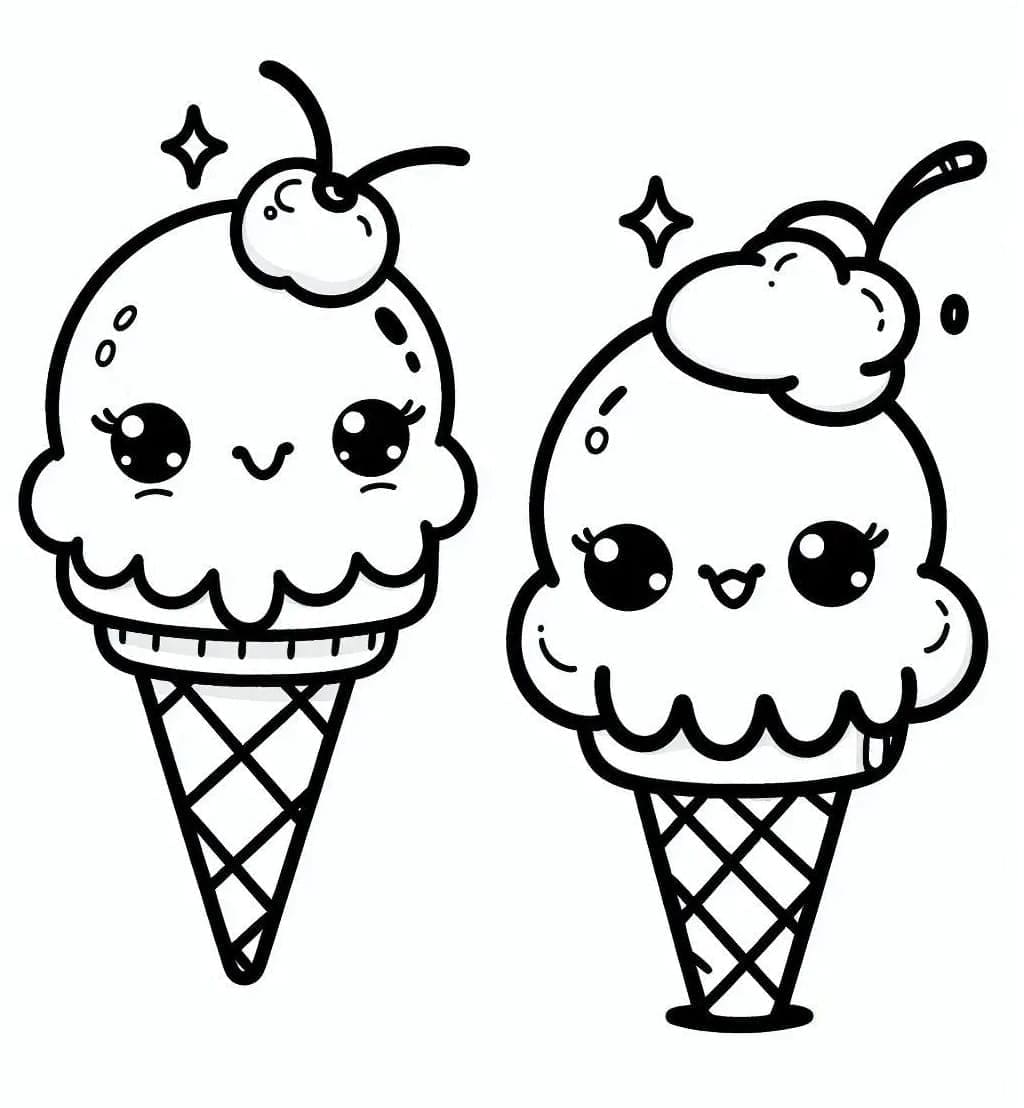 Desenho de Dois Sorvetes Kawaii para Colorir