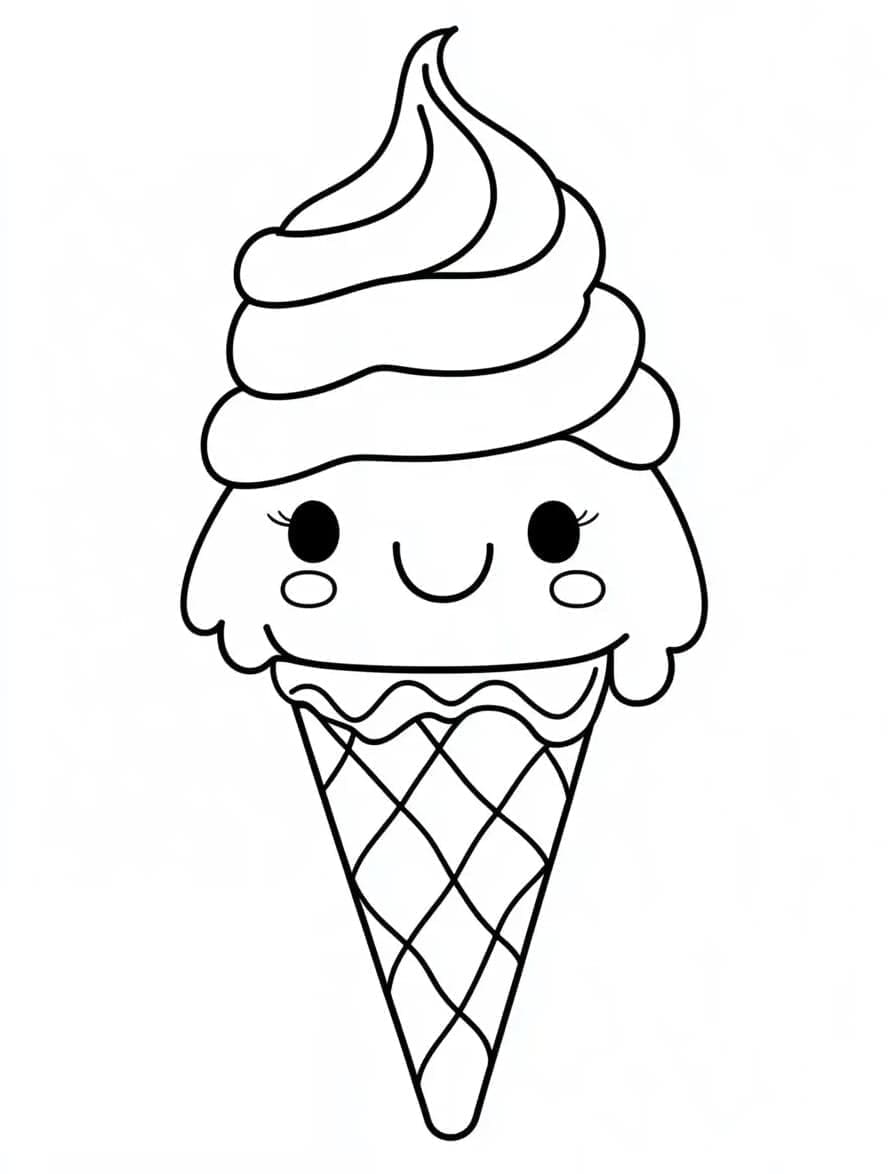 Desenho de Sorvete Kawaii Sorridente para Colorir