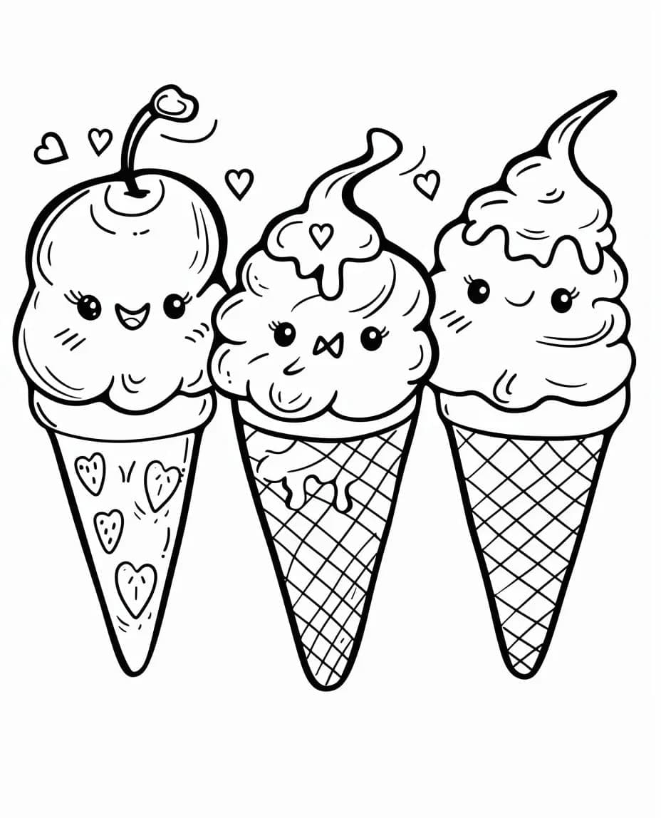 Desenho de Três Sorvetes Kawaii para Colorir