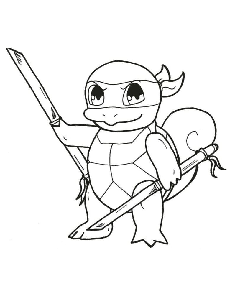 Desenho de Squirtle Roupa de Tartaruga Ninja para Imprimir e Colorir