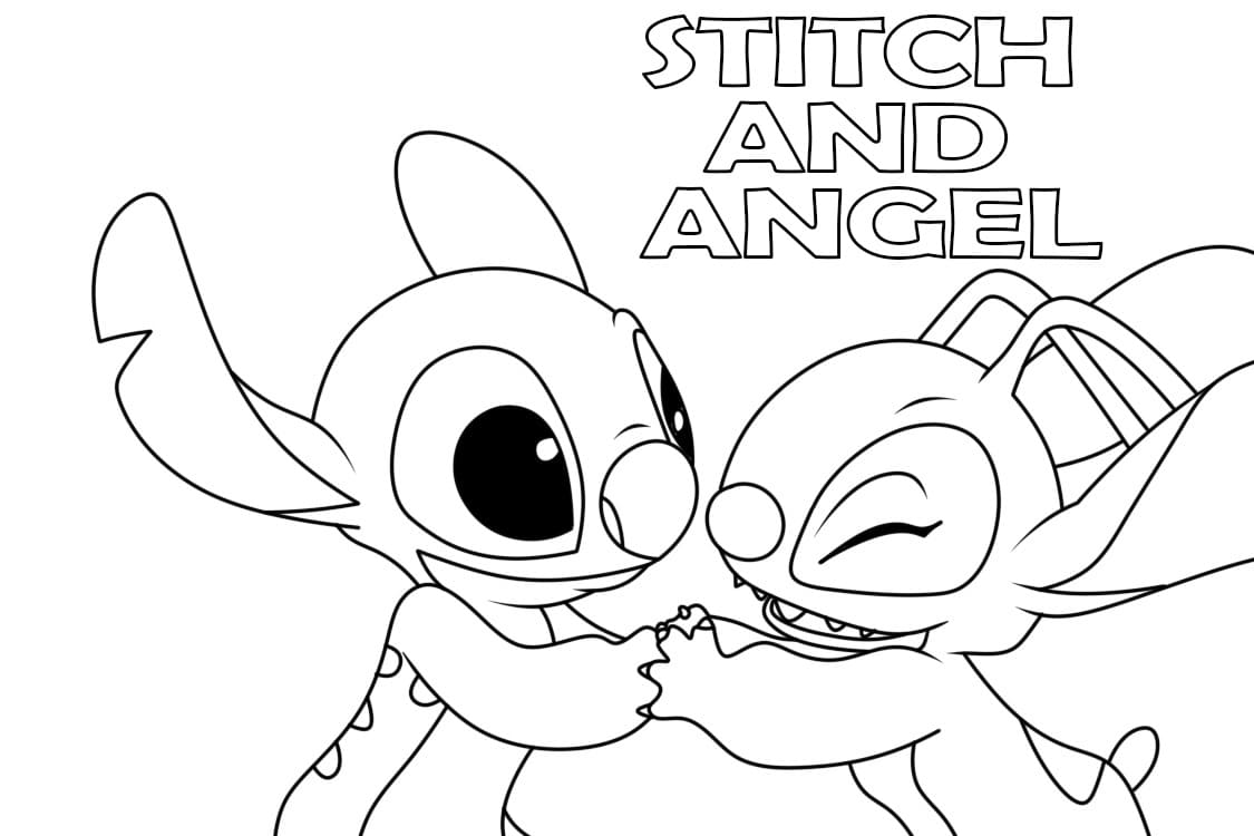 Desenho de Stitch e Angel Alegres para Colorir