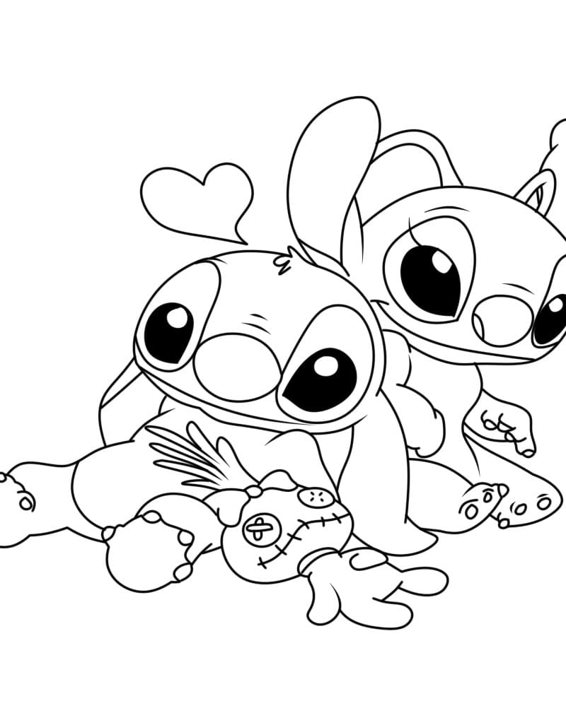 Desenho de Stitch e Angel Felizes para Colorir