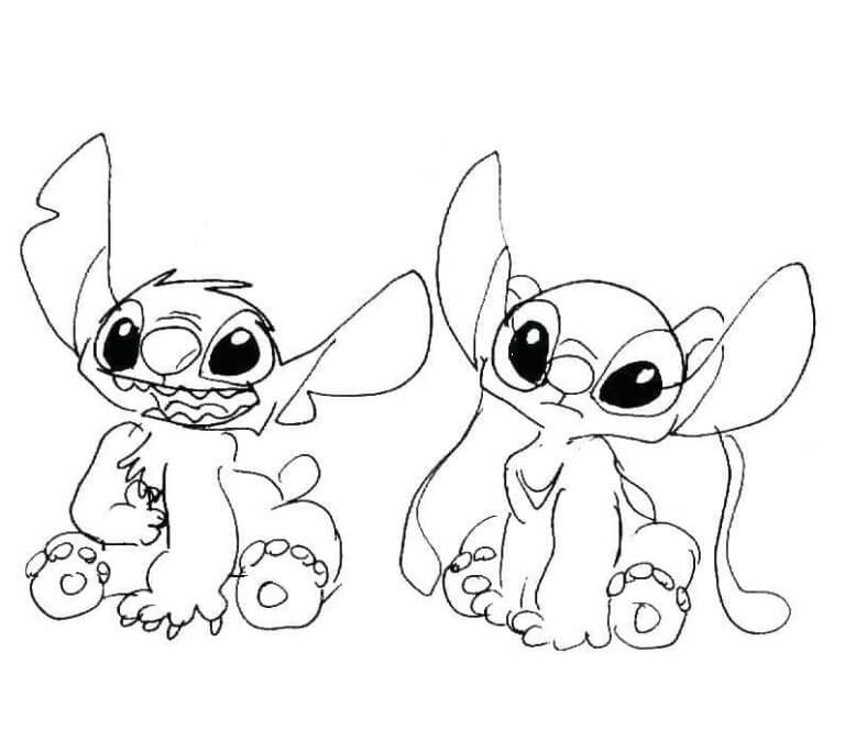Desenho de Angel e Stitch para Imprimir e Colorir