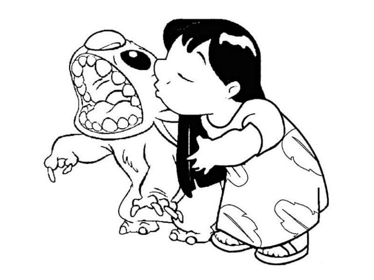 Desenho de Lilo Beijando Stitch para Colorir
