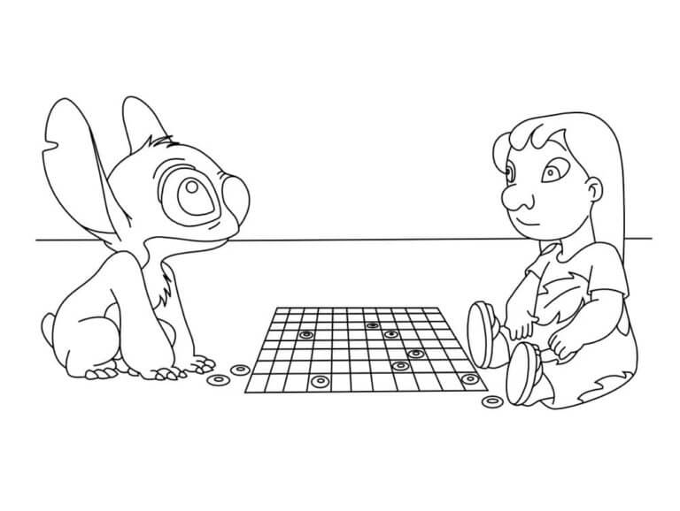 Desenho de Lilo e Stitch Jogando Damas para Colorir