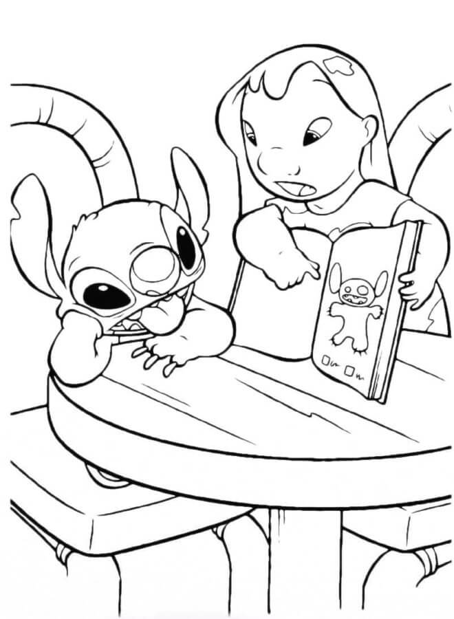 Desenho de Stitch Aprendendo a Ler para Colorir