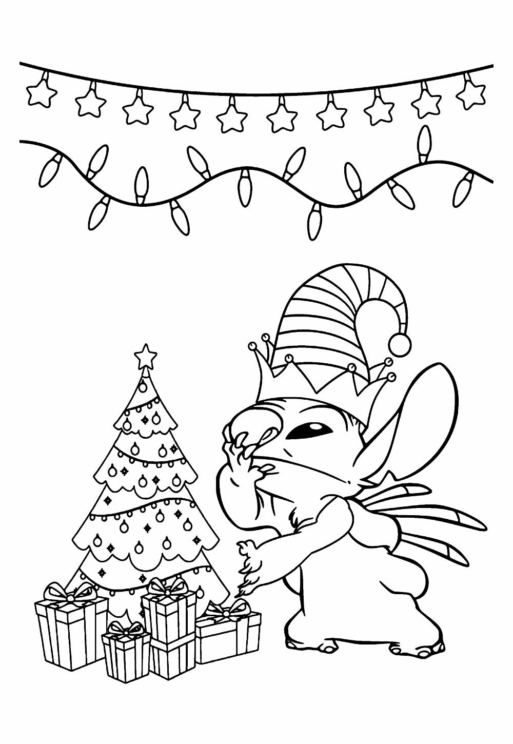Desenho de Stitch Árvore de Natal com Presentes para Colorir