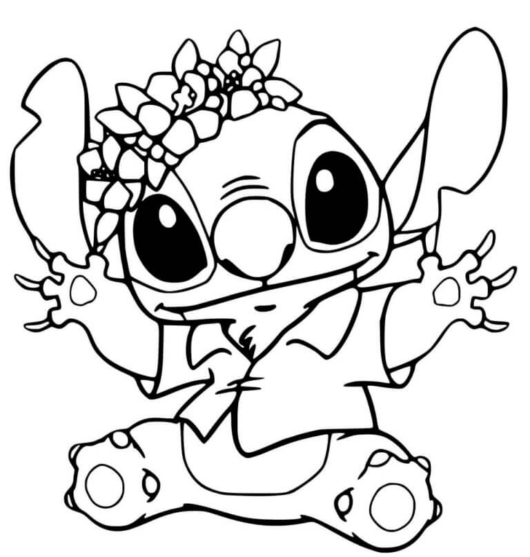 Desenho de Stitch com Flores na Cabeça para Colorir