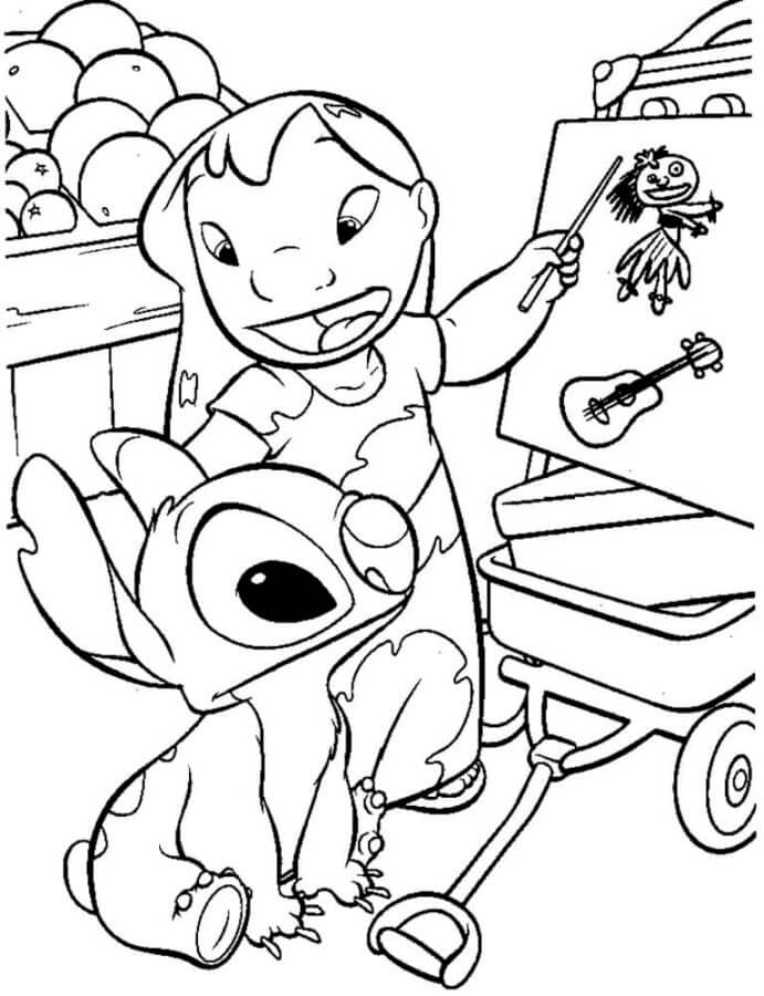 Desenho de Stitch na Escola para Imprimir e Colorir
