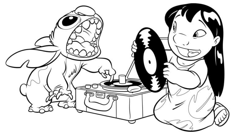 Desenho de Stitch Ouvindo Música para Colorir