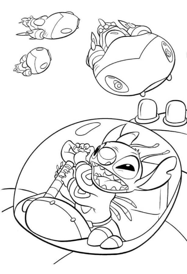 Desenho de Stitch Pilotando Nave Espacial para Colorir