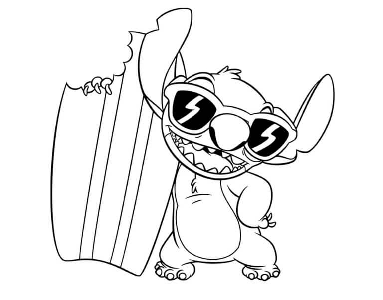 Desenho do Stitch e Prancha de Surfe Quebrada para Colorir