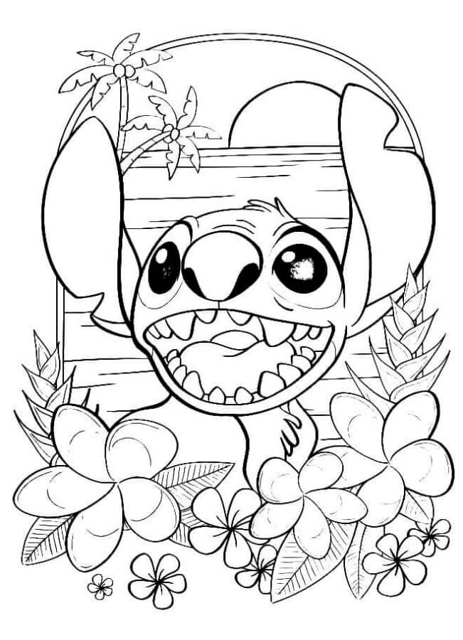 Desenho do Stitch por do Sol com Flores para Colorir