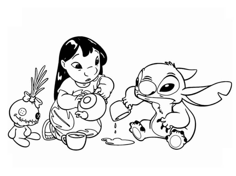 Desenho do Stitch Tomando Chã com Amigos para Colorir