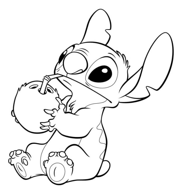 Desenhos de Stitch Bebendo Água de Coço para Colorir