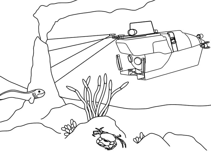 Desenho de Submarino Procurando Tesouro no Fundo do Oceano para Colorir