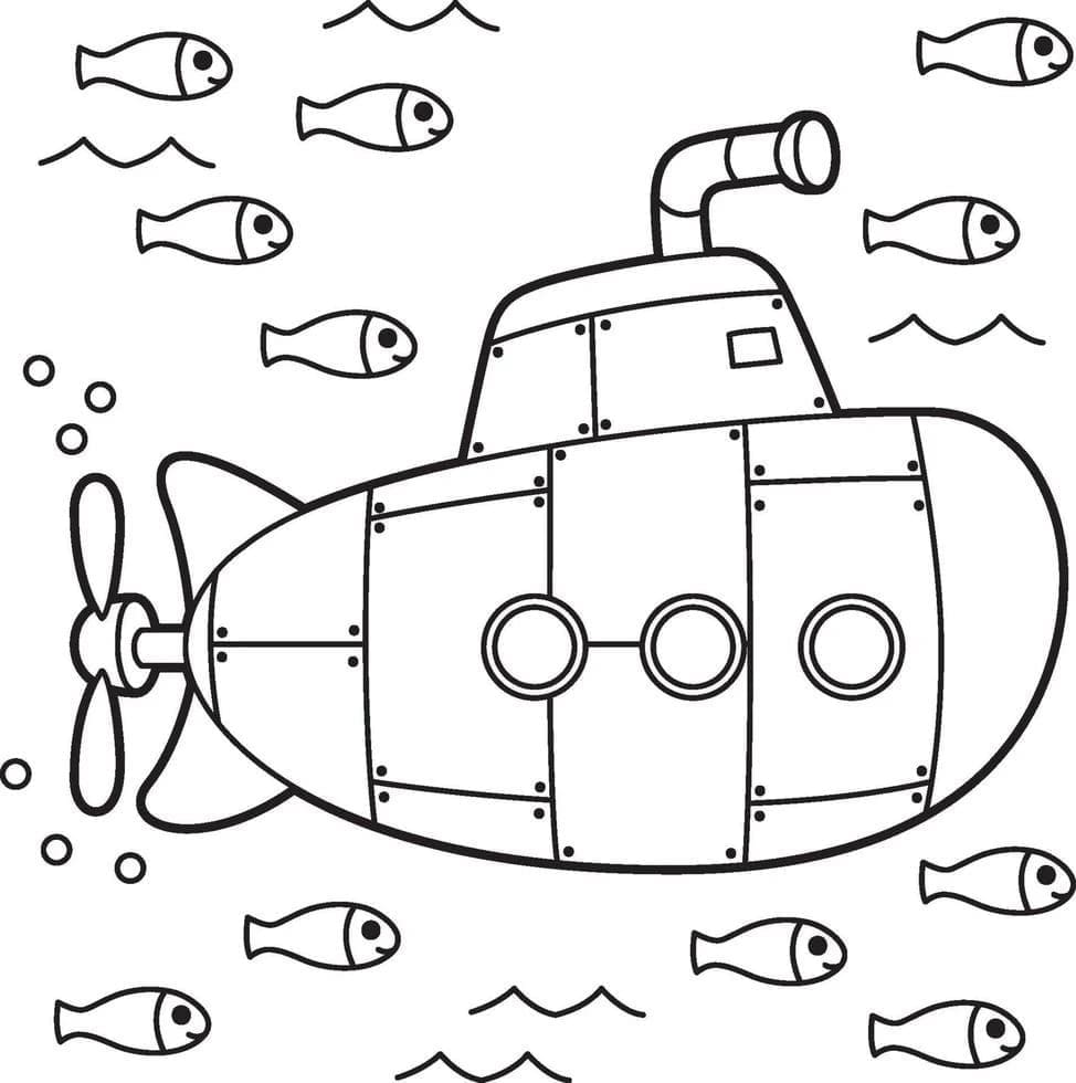 Desenho Submarino e Peixes para Colorir