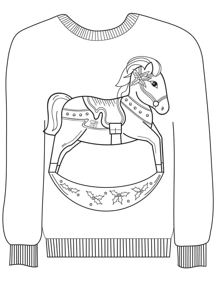 Desenho de Suéter de Natal com Cavalo de Pau para Colorir