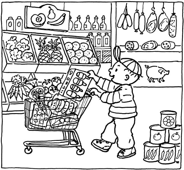 Desenho de Menino no Supermercado para Colorir